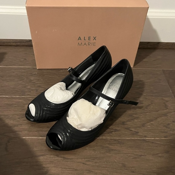 Alex Marie Black Peep Toe Heels with Buckle Strap - Picture 2 of 4